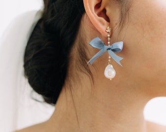 BEATRIX | Gold Baroque Pearl Drop Earrings, Dangle Earrings, Pearl Earrings, Crystal Earrings, Bridal Earrings, Bow Earrings, Blue Earrings