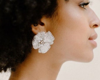 ORTEGA | Floral Beaded Earrings, Bridal Earrings, Gift for Her, Large Earrings, Flower Earrings, Wedding Accessories, Handmade Jewelry