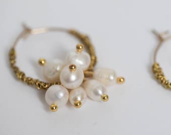 BOUGHTON | Gilded Pearl Hoop Bridal Earrings, wedding earrings, bridal earrings, bridal jewellery, gold hoops, pearl hoop