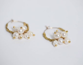 BOUGHTON | Freshwater Pearl Bridal Earrings, Pearl Drop Earrings, Wedding Jewellery, Gifts, Gold Earrings, Hoop Earrings, Huggie Earrings