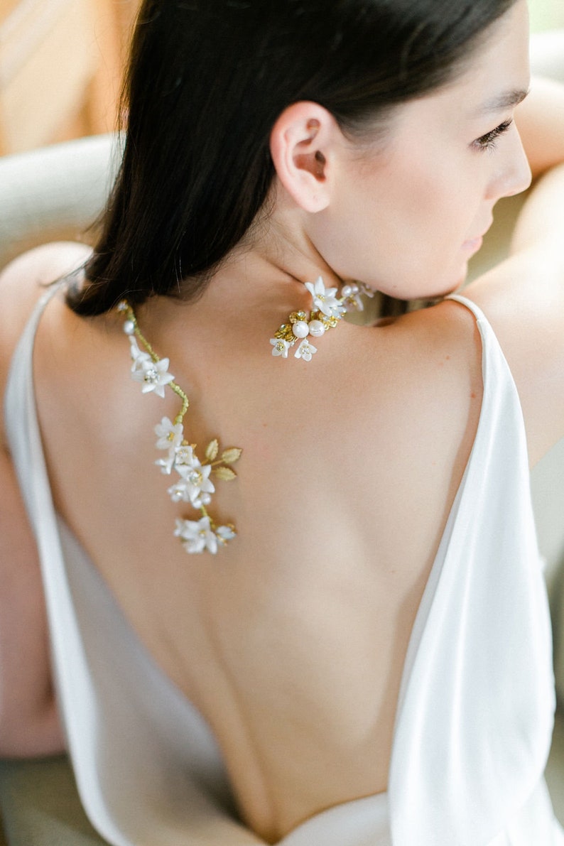 CECILE Floral Porcelain Bridal Headpiece Necklace image 2