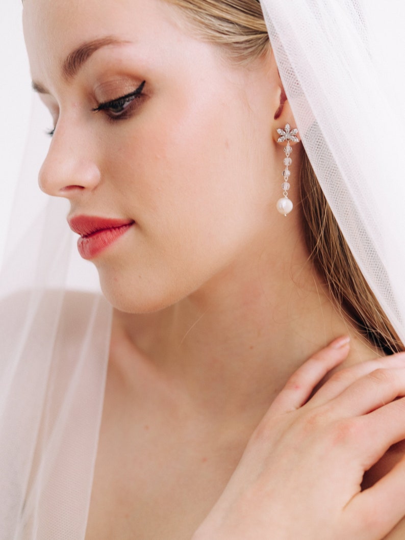 Silver Star Flower Pearl Drop Bridal Earrings
