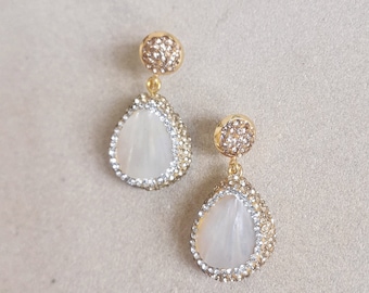 CALLAN | Mother Of Pearl Earrings, crystal earrings, pear drop earrings, bridal earrings, wedding jewelry, crystal