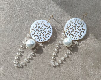 MIRA | Mother of Pearl Chinoiserie Pearl Bridal Earrings, Circle Bridal Earrings, Crystal Drop Bridal Earrings, Wedding Jewellery