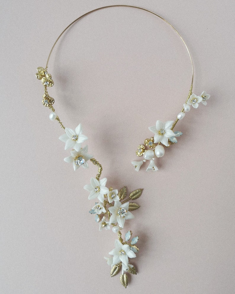CECILE Floral Porcelain Bridal Headpiece Necklace image 3