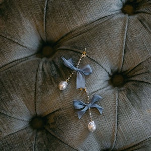 BEATRIX Gold Baroque Pearl Drop Earrings, dangle earrings, pearl earrings, crystal earrings, bridal earrings, bow earrings, silk bow image 3