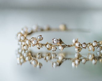 WREN | Gilded Floral Pearl Bridal Headband, Bridal Headpiece, Floral Crown, Gold Crown, Delicate Bridal Headpiece, Wedding Accessories