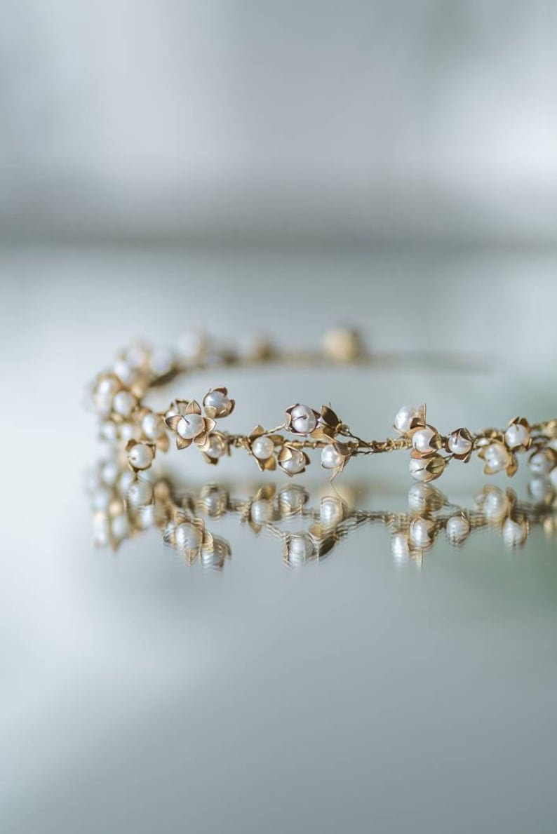 WREN Gilded Floral Pearl Bridal Headband, Bridal Headpiece, Floral Crown, Gold Crown, Delicate Bridal Headpiece, Wedding Accessories image 1