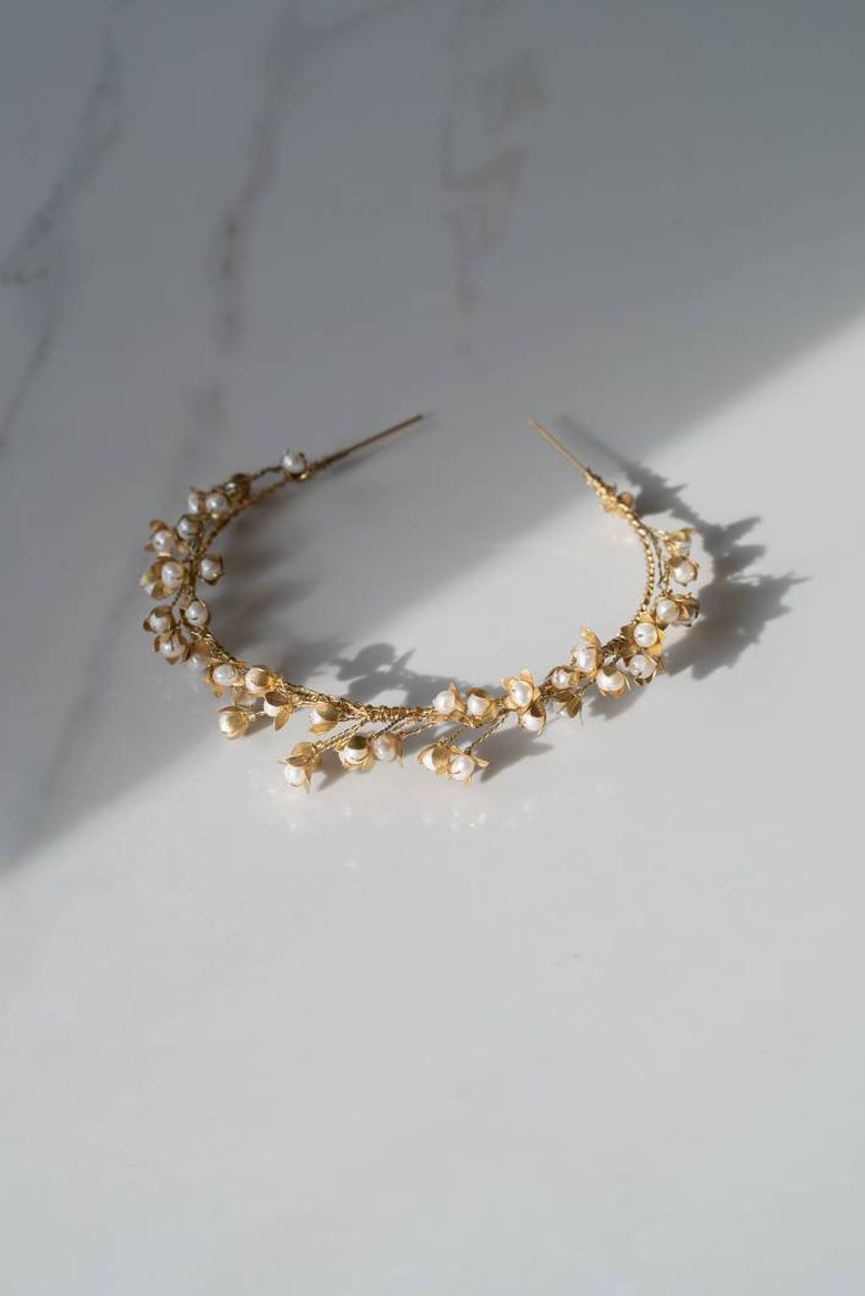 WREN Gilded Floral Pearl Bridal Headband, Bridal Headpiece, Floral Crown, Gold Crown, Delicate Bridal Headpiece, Wedding Accessories image 3