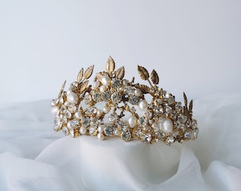 Where The Wild Things Grow | Bridal Headpiece, leaf crown, botanical headpiece, pearl crystal crown, regal crown, bridal halo, luxury crown