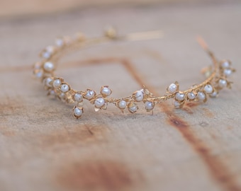 WREN | Gilded Floral Pearl Bridal Headband, Bridal Headpiece, Floral Crown, Gold Crown, Delicate Bridal Headpiece, Wedding Accessories