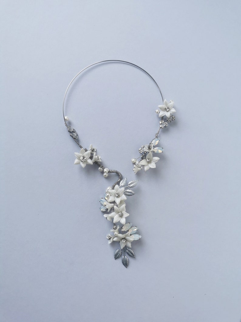 CECILE Floral Porcelain Bridal Headpiece Necklace image 9