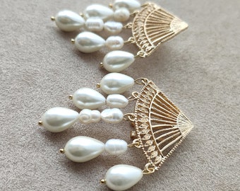 PERICON | Gold Fan Pearl Chandelier Bridal Earrings, Statement Bridal Earrings, Unique Pearl Wedding Jewellery, Spanish Fan Jewellery