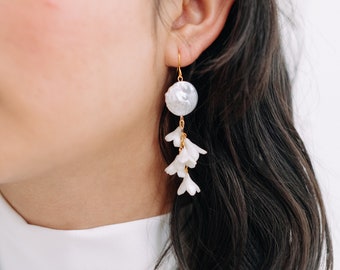 LILLE | Freshwater Pearl Coin & Flower Bridal Earrings, Wedding Jewellery, Floral Earrings, Drop Earrings, Pearl Earrings, Gifts For Her