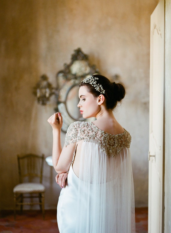 DAMARIS | Shimmering Crystal Long Silk Cape, Bridal Cape, Bridal Separates,  Cape Veil, Crystal Cape, Tulle Cape, Beaded Wedding Cape - Etsy