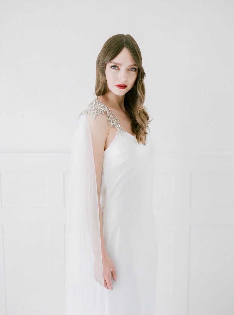 ANASTASIA Shimmering haute couture silk & crystal cape, bridal cape, bridal separates, cape veil, crystal cape, tulle cape image 3