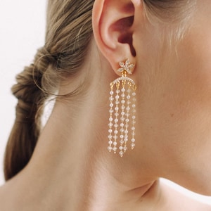 ZIGGY | Crystal Pearl Waterfall Chain Earrings, Gifts For Her, Birthday Gift, Bridal Earrings, Wedding Jewellery, Gold Dangle Earrings