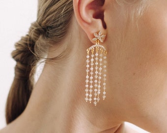 ZIGGY | Crystal Pearl Waterfall Chain Earrings, Gifts For Her, Birthday Gift, Bridal Earrings, Wedding Jewellery, Gold Dangle Earrings
