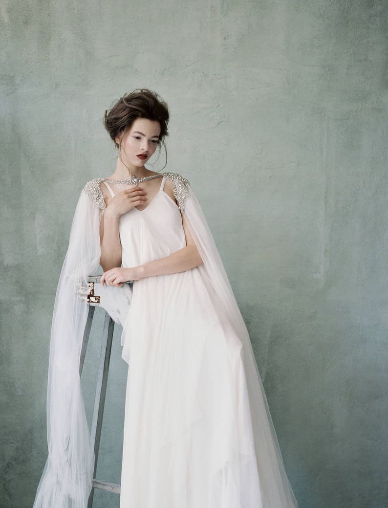 ANASTASIA Shimmering haute couture silk & crystal cape, bridal cape, bridal separates, cape veil, crystal cape, tulle cape image 7