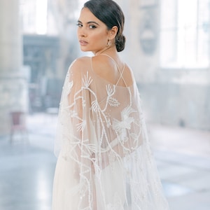 ELYSIAN | Beaded Bird Of Paradise Cape, bridal cape, bridal separates, cape veil, crystal cape, tulle cape, beaded wedding cape