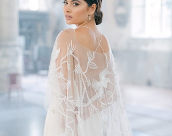 ELYSIAN | Beaded Bird Of Paradise Cape, bridal cape, bridal separates, cape veil, crystal cape, tulle cape, beaded wedding cape