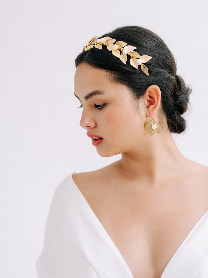 HARIETTE 18ct Gold Leaf Bridal Wedding Headband, Gold Headpiece, Floral Crown, Boho Headband, Beach Wedding, Bridesmaids Headpiece, Comb image 1