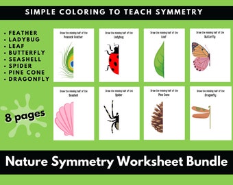 Instant Download: Nature Symmetry Worksheet Bundle for kids.  Color nature symmetry examples