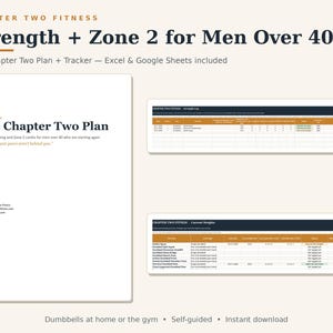 May include: A digital fitness programme titled Chapter Two Fitness: Strength + Zone 2 for Men Over 40. It includes a plan document, a strength log, and a current weights tracker compatible with Excel and Google Sheets, featuring text and tables.