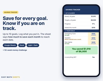 Savings Tracker Spreadsheet: Goals, 52 Week Challenge, Google Sheets, Excel, Dark Mode (Digital Download)