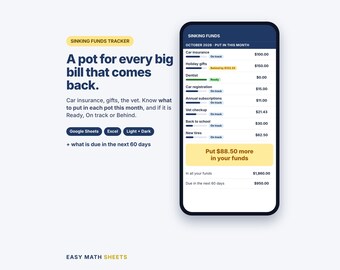 Sinking Funds Tracker Spreadsheet: Money Pots for Yearly Bills, Google Sheets, Excel, Dark Mode