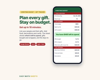 クリスマス予算スプレッドシートとギフトトラッカー：Googleスプレッドシート、Excel、ライト/ダークモード対応（デジタルダウンロード）