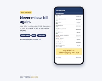 Bill Tracker Spreadsheet: Monthly Payment Checklist, Due Dates, Google Sheets, Excel, Dark Mode