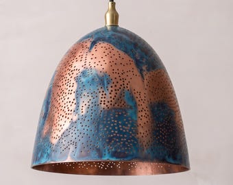 Moroccan Copper Pendant Light, Blue Patina Dome Lamp, Handmade Solid Copper Hanging Light, Kitchen Island Light, Living Room Lighting