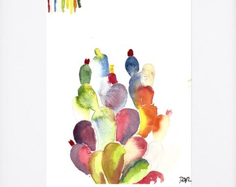 Cacti Art.Cactus Art.Technicolor Cactus.Cactus acuarela arco iris impresión. Arte de pera espinosa. Arte del Suroeste de Arizona. Arte Botánico
