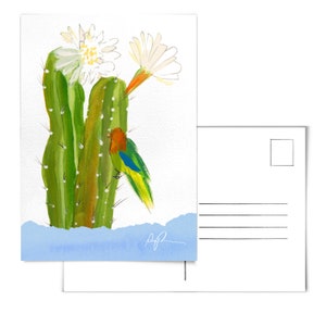 Tourtereau Art.Lovebird Painting.Bird Postcard.Cactus Postcard.Cacti Postcard.Floral Postcard.Desert Postcard.Arizona Postcard.Lovebird art