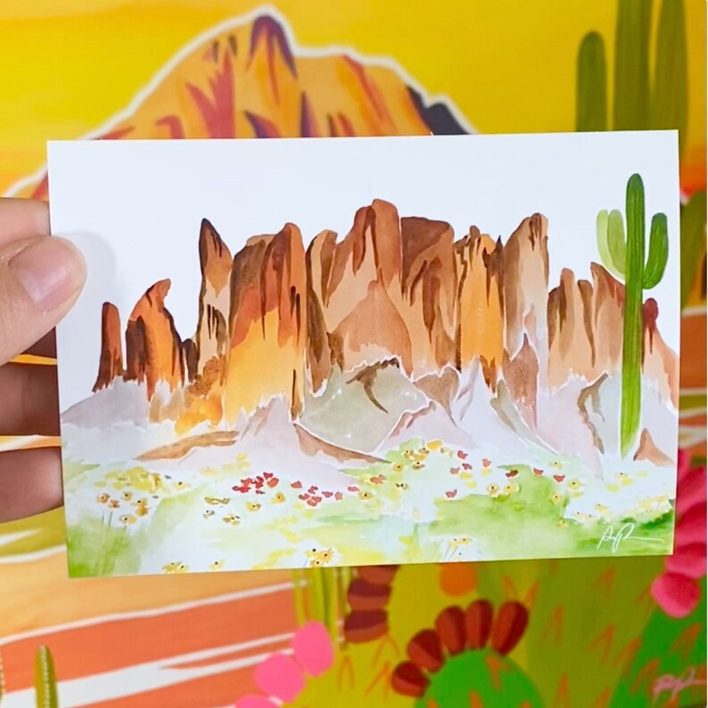 Superstition Mountains Art.Lost Dutchman Art Watercolor.Desert Postcard.Mountain Postcard.Cactus Postcard.Arizona Postcard.Arizona Art image 2