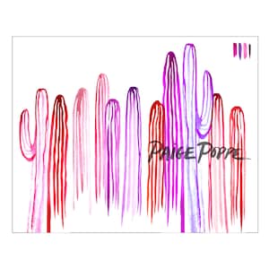 Puede incluir: Pintura acuarela de una fila de cactus rayados de color rosa, morado y rojo con la firma del artista "Paige Poppe" en la parte inferior.