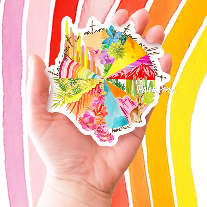 May include: A colorful sticker with a watercolor design of various landscapes and the text "Time spent in nature is time well spent Paige Poppe".