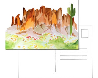 Superstition Mountains Art.Lost Dutchman Art Watercolor.Desert Postcard.Mountain Postcard.Cactus Postcard.Arizona Postcard.Arizona Art