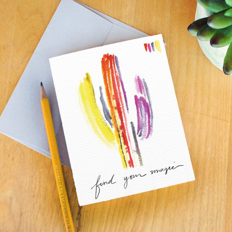 Cactus Greeting Card. Inspirational Cards. Artist Cards.Find your magic.Watercolor Stationery. Cacti watercolor. saguaro art.cacti art image 4