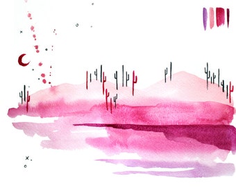 Arte del desierto. Puesta del sol del desierto. Arte de Arizona. Cielo nocturno del desierto. Arte del desierto de Arizona. Pared rosa arte acuarela bohemio. Arte de boho. Arte Bohemia.