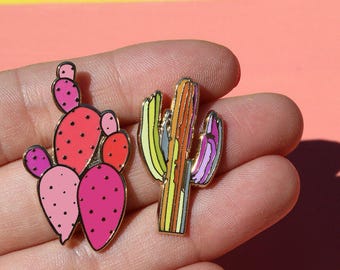 Set of 2 Cacti Pin Pack! - "Technicolor Saguaro" Cactus Pin + "Cactus Candy" Pink Cactus Pin - Arizona Pins,Desert Art Pins,AZ