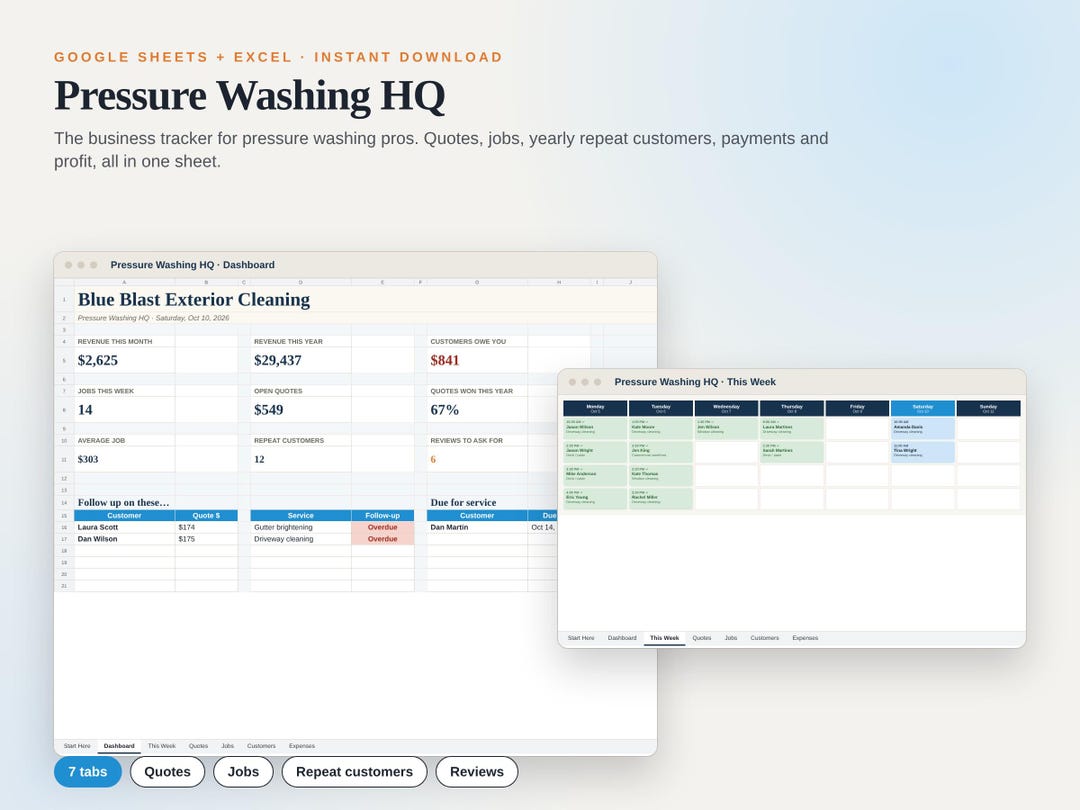 Pressure Washing Business Spreadsheet, Soft Wash Job and Quote Tracker ...