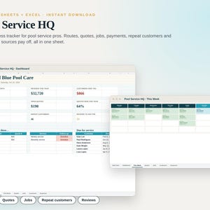 May include: A digital business tracker for pool service professionals titled Pool Service HQ. The interface displays a dashboard with revenue, job metrics, and a weekly schedule view for Google Sheets and Excel, featuring seven tabs.