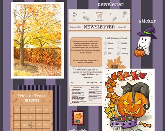 May include: A collection of October-themed stationery items including a photo print of autumn trees, a newsletter, a ghost sticker, a candy bingo card, a stamp sticker, and an art print of a black cat on a jack-o'-lantern.