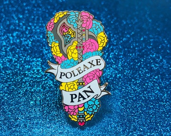 May include: A colourful enamel pin featuring a stylised polearm with flowers and the text "Poleaxe Pan".
