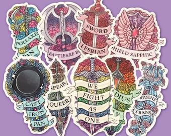 May include: A set of ten colorful stickers featuring various weapons and phrases related to LGBTQ+ identity. The stickers feature a sword, a battleaxe, a shield, a spear, a cast iron pan, a trident, and a sword with the words "We Fight As One".
