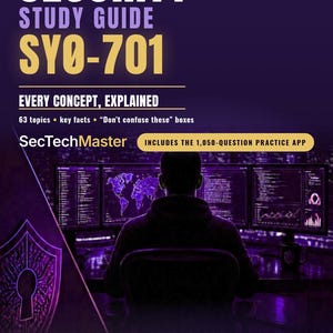 May include: A Security+ SY0-701 study guide book cover with a dark purple background. It features the text Complete Edition, Security+ Study Guide, SY0-701, Every Concept, Explained, SecTechMaster, and Learn. Practice. Pass. with icons for security topics.