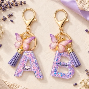 Personalized Butterfly Keychain, A–Z Resin Letter with Name and Purple Tassel, Custom Initial Bag Charm with Name
