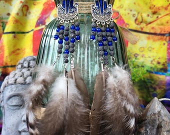 Boucles d'Oreilles Plumes et Main de Fatima Inox – Pierres de Lave et Pierres Bleues Naturelles – Bijou Bohème Protection Fait Main